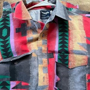 Wrangler Men's Aztec Print Shirt Cowboy Cut X-Long Tails 80’s vintage
